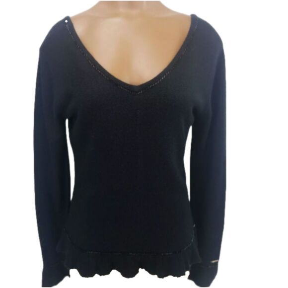Tommy Hilfiger Black Beaded V-neck Ruffle Sweater Size S/P - Picture 1 of 7